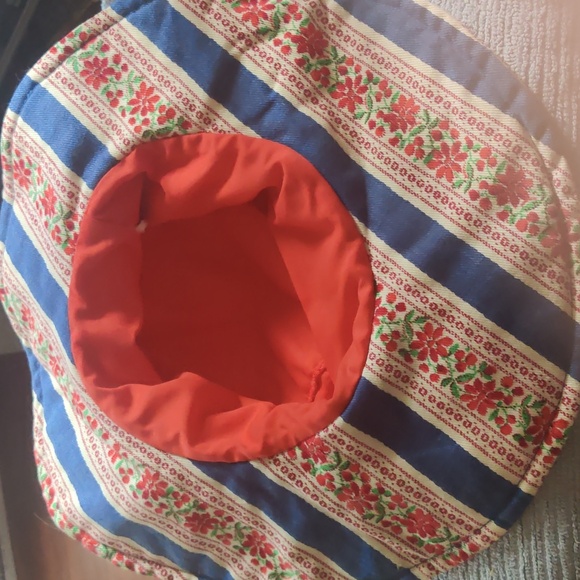 Vintage 70's Striped Floral Wide Brim Hat with Red Bow - Picture 2 of 3